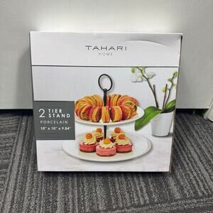 Tahari Home 2-Tier Porcelain Serving Stand 10”x10”x9.84” Dessert Cupcake Display